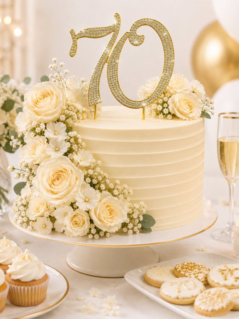 Rhinestone Cake Topper - Number 70 - Gold Metal with Czech Rhinestones
